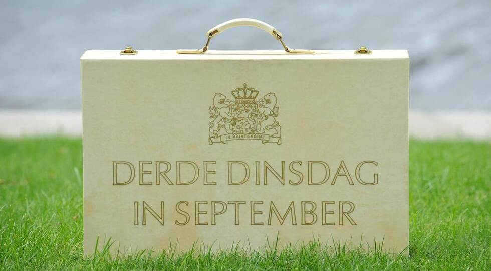 Een close-up van het koffertje van Prinsjesdag in het gras.